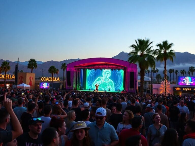 A vibrant stage shot at Coachella 2024 featuring anyma’s AI-generated visuals and Cortini performing with a futuristic MIDI c