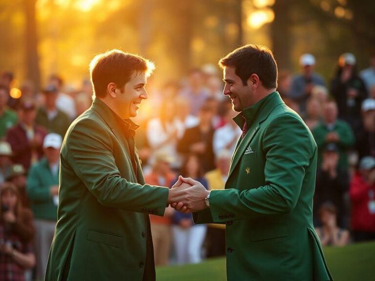 A heartwarming scene at Augusta National showing Rory McIlroy in his signature red shirt during a tournament, with young Maso