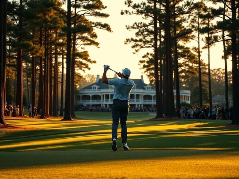 A vibrant aerial view of Augusta National Golf Club during the Masters Tournament, showing packed grandstands, lush green fai