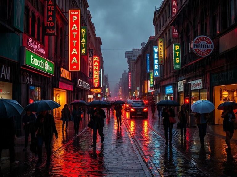 A vibrant scene of rain falling over a diverse urban and natural landscape, blending traditional and modern elements. In the