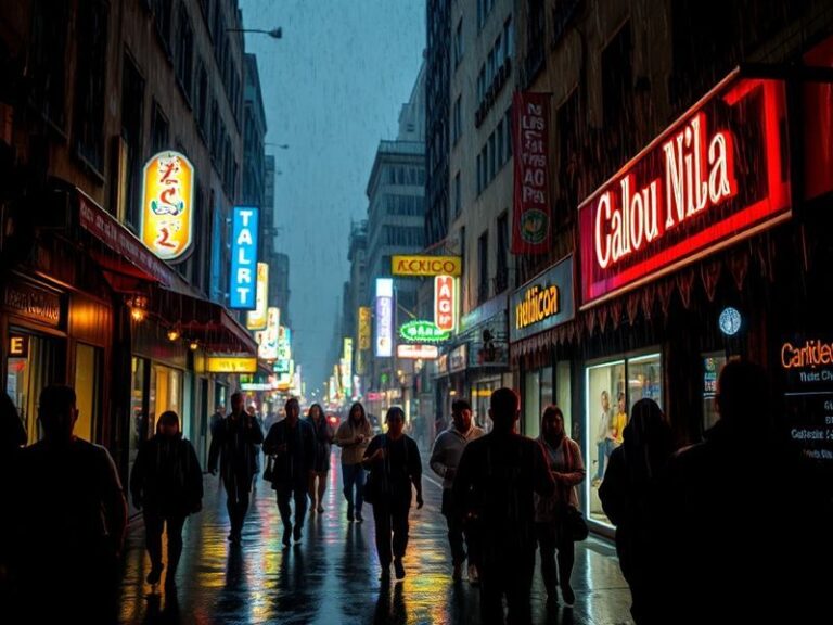 A vibrant scene showing a tropical coffee plantation under a light rain shower, with workers harvesting beans and mist rising