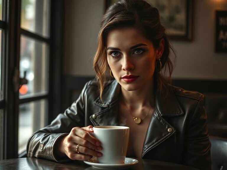 A professional portrait of Eva de Dominici on set, dressed in a stylish yet understated outfit, with a cinematic backdrop ble