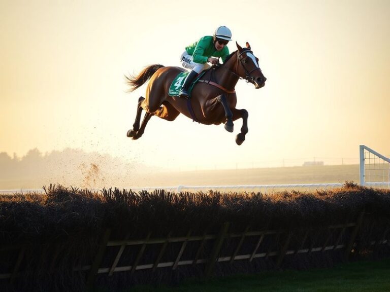 A dynamic action shot of Ruby Walsh in racing silks, mid-jump on a chestnut horse during a Cheltenham Festival race, with a c