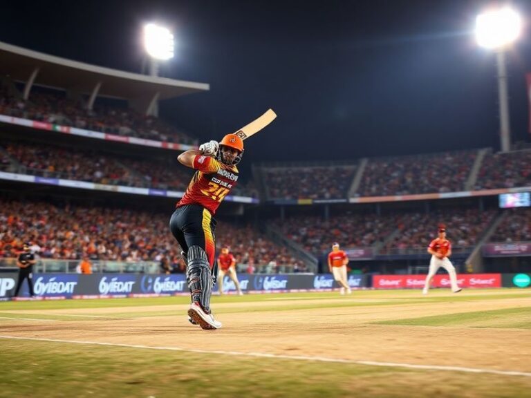 A vibrant cricket stadium filled with fans, featuring players from PBKS and SRH in action during a high-energy IPL match. The