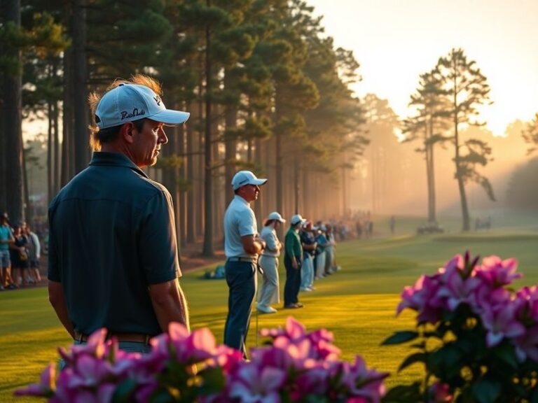 A vibrant scene of Masters Round 3 at Augusta National, showing players on the 1st tee with a crowd in the background, vibran