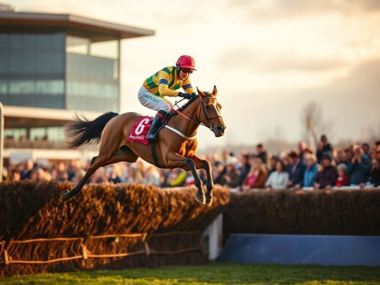 A dynamic action shot of Ruby Walsh riding a racehorse at the Cheltenham Festival, wearing the iconic green and gold silks of