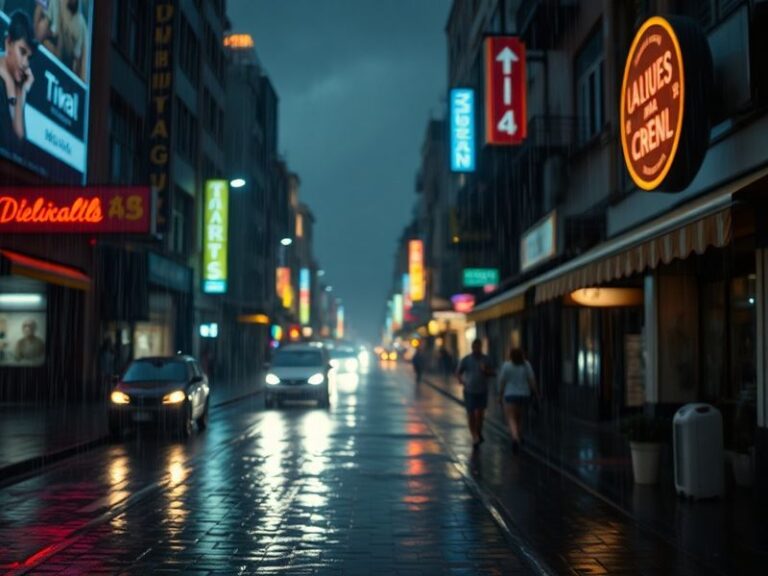 A serene black-and-white photograph of rain falling on a cobblestone street in a Latin American town, with umbrellas and warm