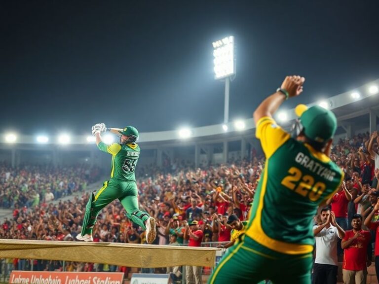 A vibrant cricket stadium packed with fans wearing blue and red jerseys, with Peshawar Zalmi and Lahore Qalandars players sha
