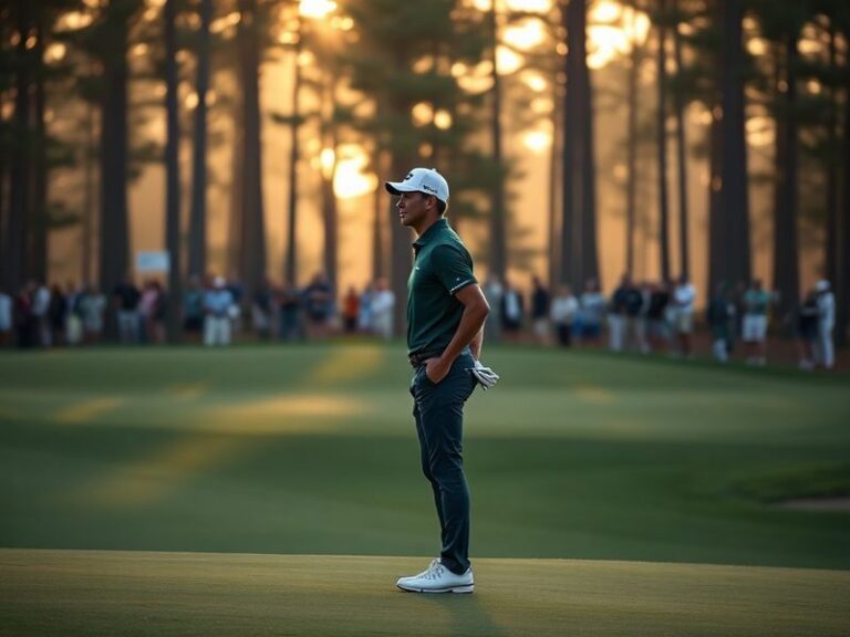 Aerial view of Augusta National during Round 3, showing players on the 1st tee with the iconic pines and azaleas in full bloo