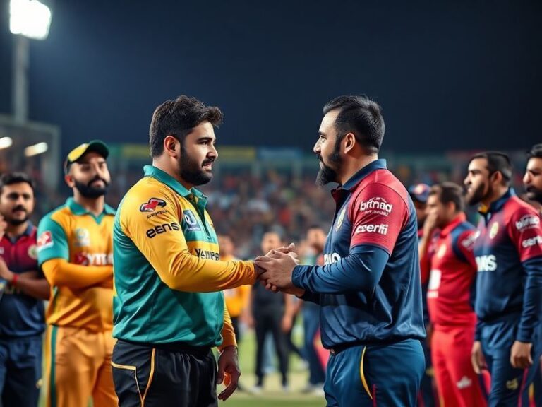 A vibrant stadium scene during a Peshawar Zalmi vs Lahore Qalandars match, filled with fans in team colors, banners, and cult