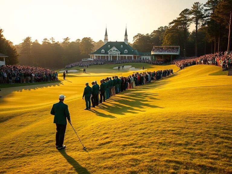 Aerial view of Augusta National Golf Club during the Masters Tournament, showing players on the 18th fairway with the iconic