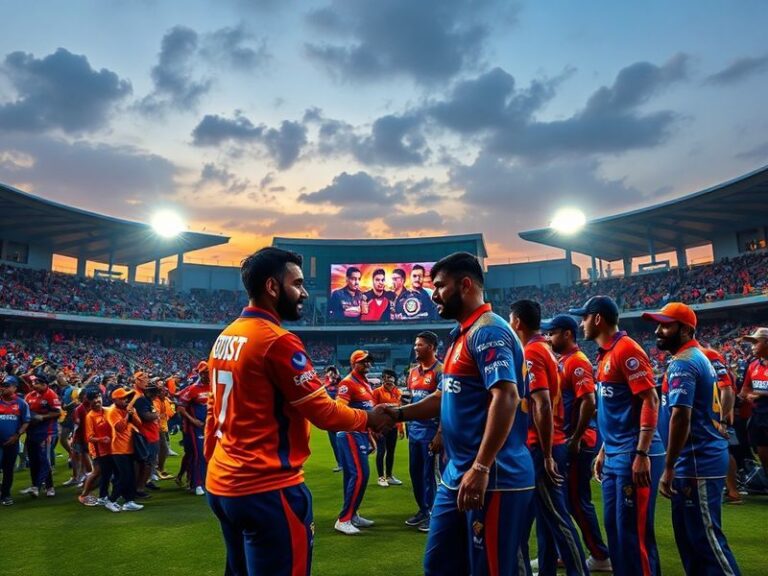 A vibrant IPL stadium scene at night, with SRH’s orange and blue jerseys clashing against PBKS’s red and white. The atmospher