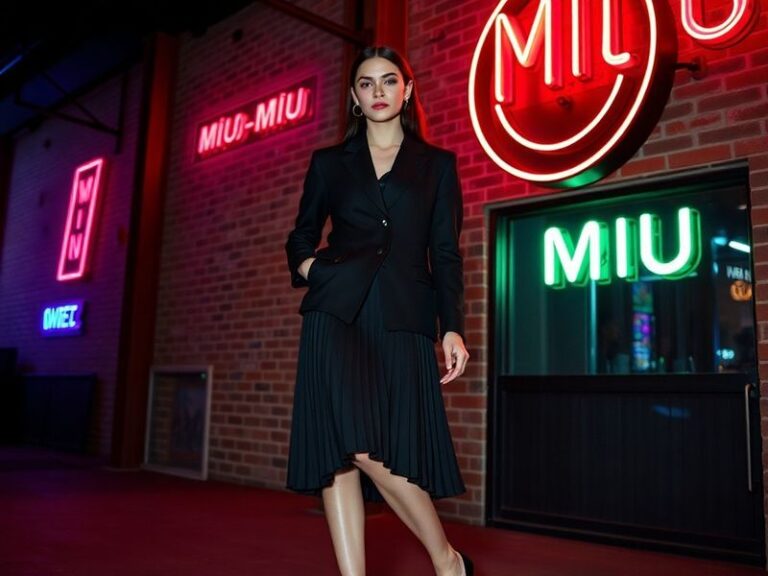A dynamic photo of Coco Gauff wearing a Miu Miu pleated mini skirt and cropped blazer on a tennis court, with a backdrop of p