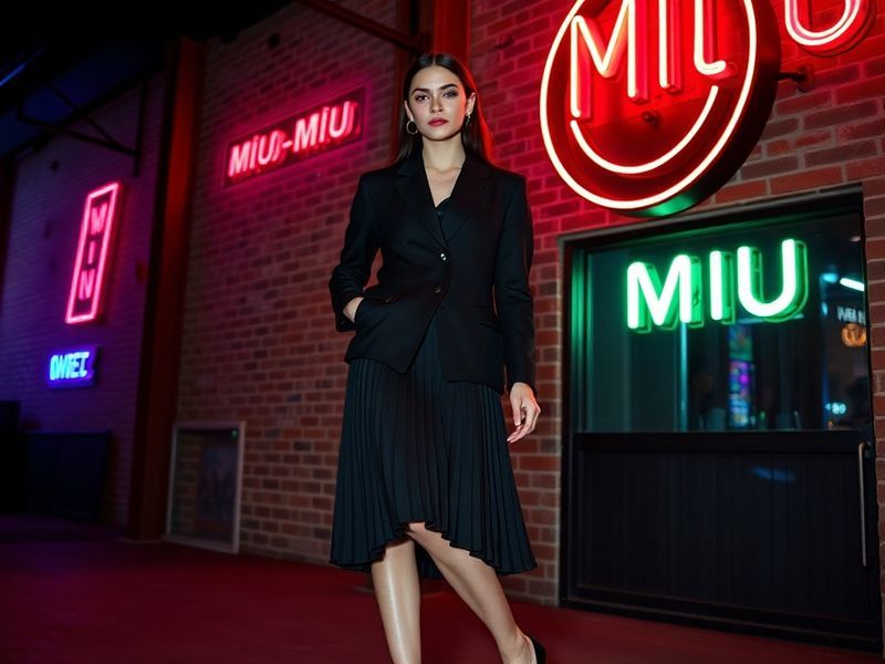 A dynamic photo of Coco Gauff wearing a Miu Miu pleated mini skirt and cropped blazer on a tennis court, with a backdrop of p