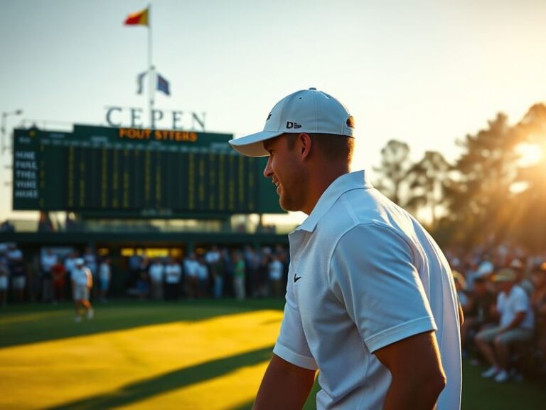 Aerial view of Augusta National during the Masters, showing players on the fairway with the iconic clubhouse in the backgroun