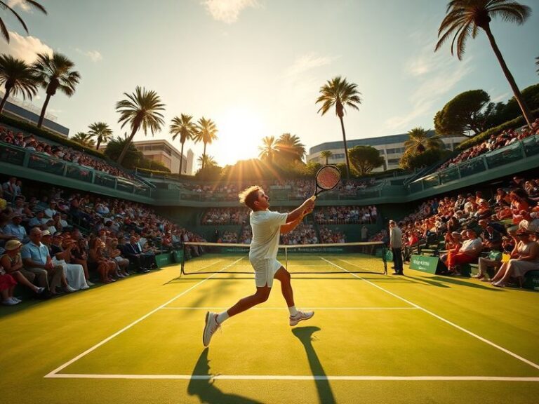 A panoramic view of the Monte Carlo Country Club tennis courts with the Mediterranean Sea in the background, players in white