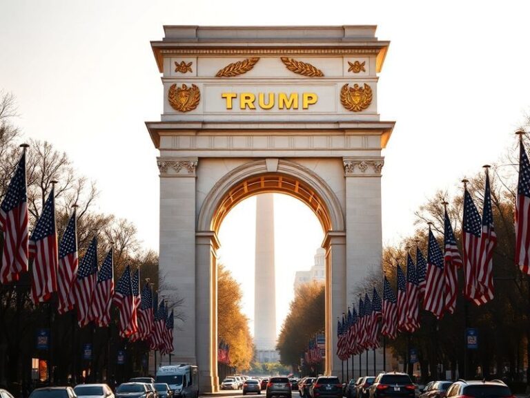 A photorealistic rendering of the Trump Triumphant Arch at dusk, showcasing its towering white marble facade, gold-leafed fri