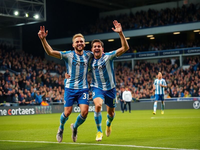 A vibrant shot of Coventry City's Matt Godden scoring a header past Sheffield Wednesday's Cameron Dawson at the Coventry Buil