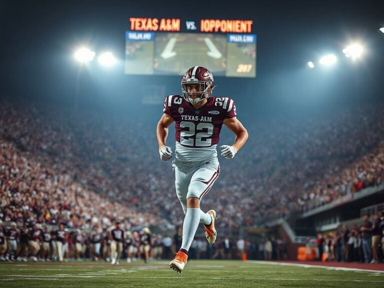 A dynamic action shot of PJ Haggerty in a Texas A&M jersey, mid-play on the football field, with a stadium crowd blurred in t