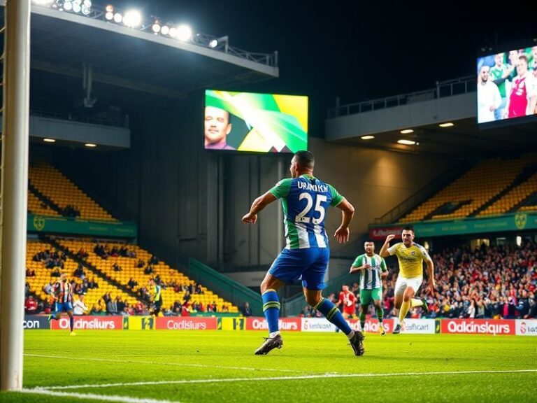 A vibrant stadium atmosphere during a Norwich City vs Ipswich Town match, with fans in yellow and blue scarves cheering in th