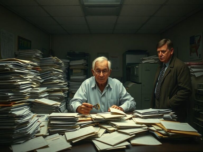 A tired USPS mail carrier sitting at a desk surrounded by unopened mail, checking an empty mailbox with a concerned expressio