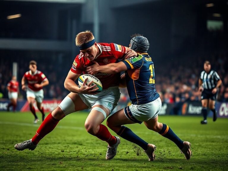 A packed stadium with red-and-white Hull KR fans in the foreground and York Knights players in blue and white jerseys running