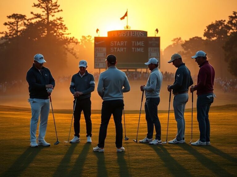 A panoramic view of Augusta National Golf Club during the Masters Tournament, showing morning mist over the fairways, players
