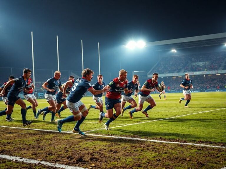 A dynamic action shot of a Hull KR vs York Knights match, capturing the intensity on the field with players in mid-tackle, su