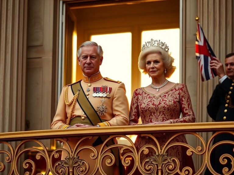 A regal image of Buckingham Palace during a state occasion, with King Charles III and Queen Camilla standing on the balcony,