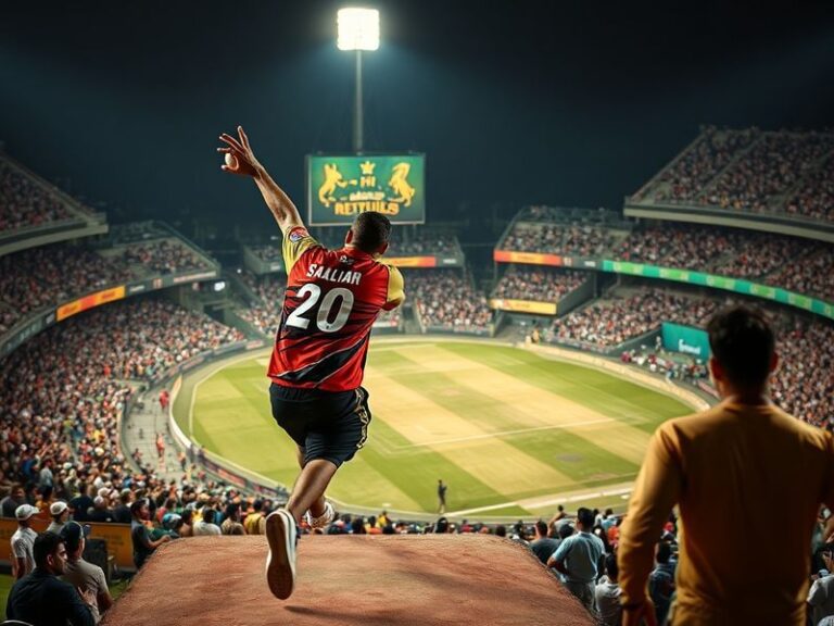 A vibrant stadium scene at night with Peshawar Zalmi (purple) and Lahore Qalandars (red) players shaking hands after a close