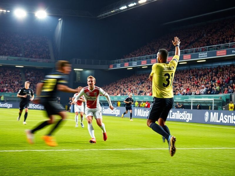 A wide shot of a Bundesliga stadium packed with fans, showing Wolfsburg in green and Eintracht Frankfurt in red/black, with p