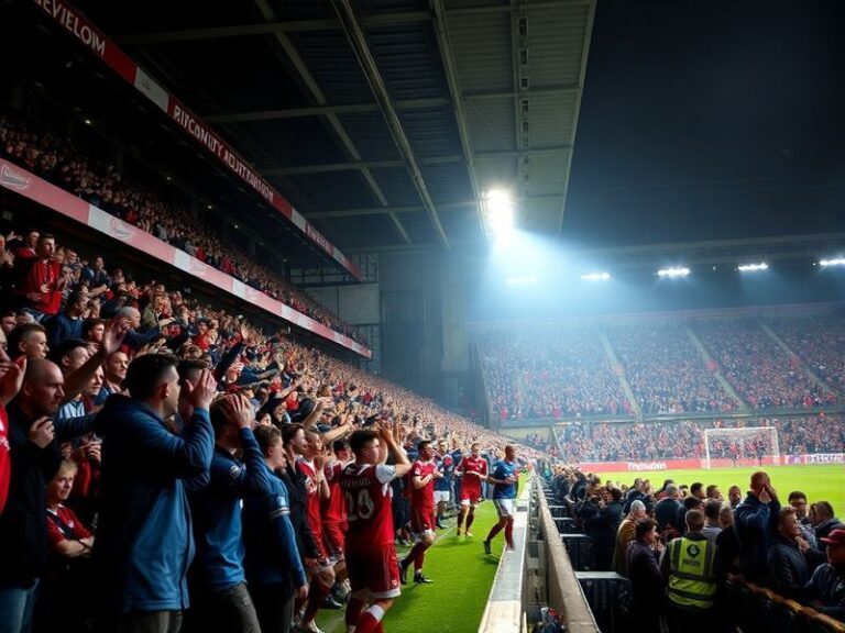 A vibrant matchday scene at Riverside Stadium (Middlesbrough) or Fratton Park (Portsmouth), capturing the energy of fans, pla