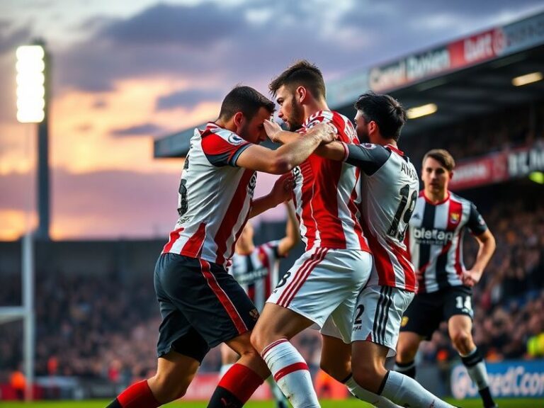 A tense moment during the Southampton vs Derby County match at St Mary's Stadium. Southampton players celebrate a goal while
