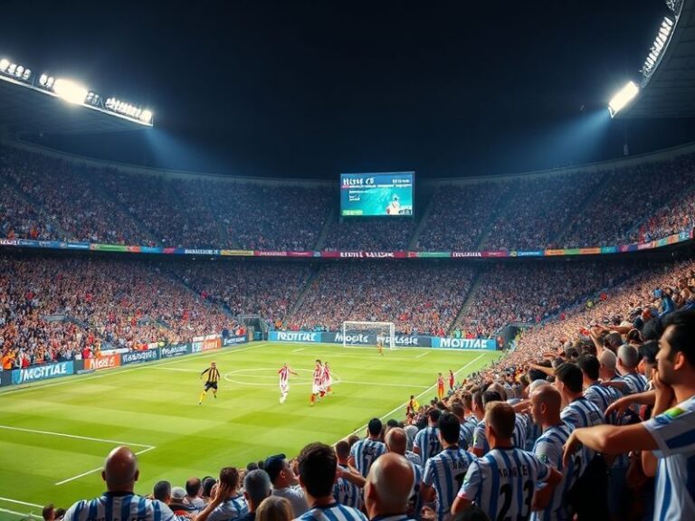 A vibrant stadium atmosphere at Elche's Martínez Valero or Valencia's Mestalla, showcasing passionate fans in team colors, dy