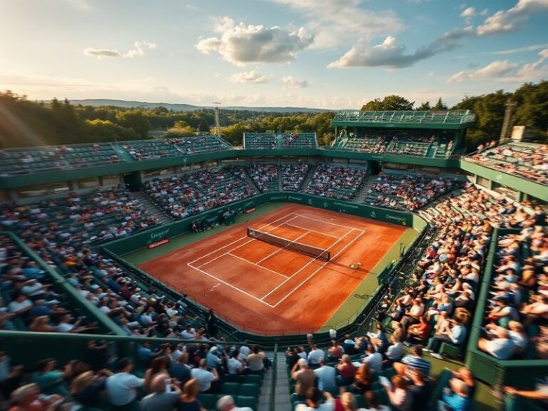 A vibrant indoor tennis arena filled with spectators, featuring players in action on a blue hard court. The atmosphere is ene
