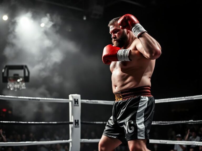 A dynamic action shot of Tyson Fury mid-fight, showcasing his signature footwork and intense expression, surrounded by a roar