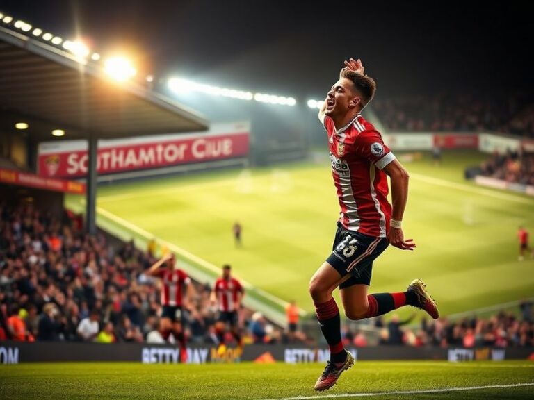 A dynamic action shot from the Southampton vs Derby County match at St Mary’s Stadium, featuring players in mid-play, with fa