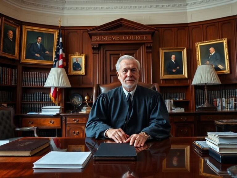A formal portrait of Justice Samuel Alito in his Supreme Court robes, seated in a courtroom setting with a neutral background