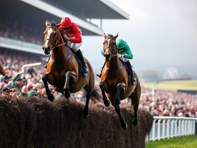 A dramatic shot of the Randox Grand National at Aintree Racecourse, featuring horses jumping Becher's Brook under a cloudy sk