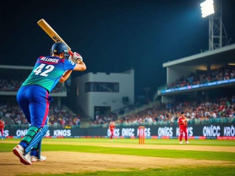 A vibrant cricket stadium packed with fans, featuring players from Karachi Kings (in blue) and Hyderabad Kingsmen (in maroon)