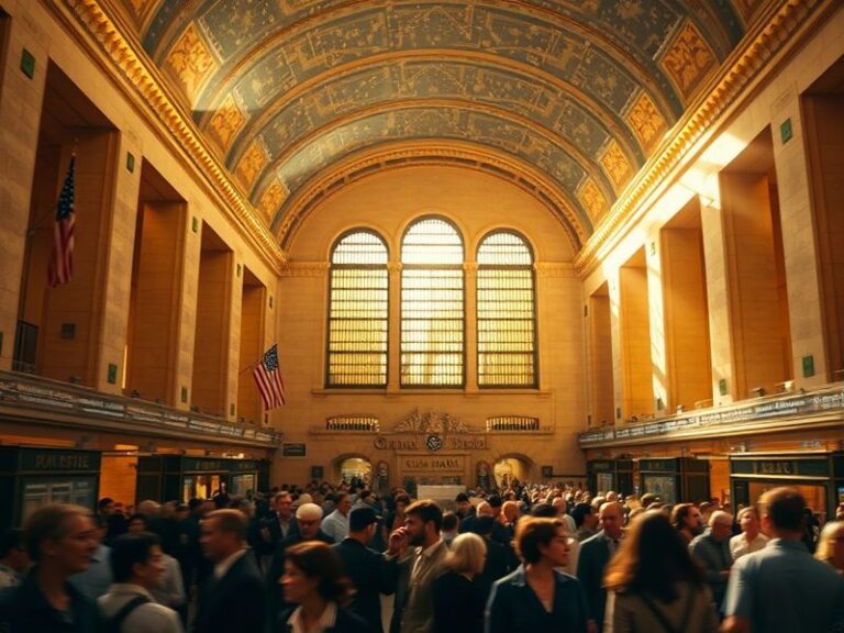 A vibrant daytime photo of Grand Central Terminal's main concourse, featuring the celestial ceiling, bustling crowds, and the