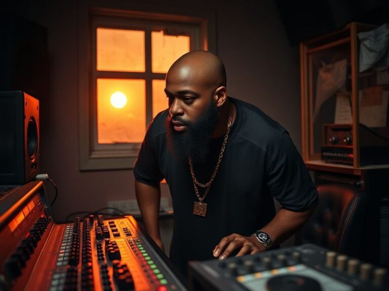 A portrait of MarkQuese Bell on stage, bathed in warm golden light, with a microphone in hand and an expressive gesture. The