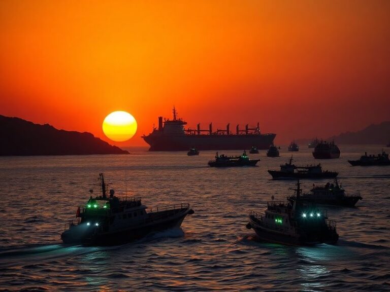 A wide-angle view of the Strait of Hormuz at dusk, showing oil tankers navigating the narrow waterway flanked by rugged mount