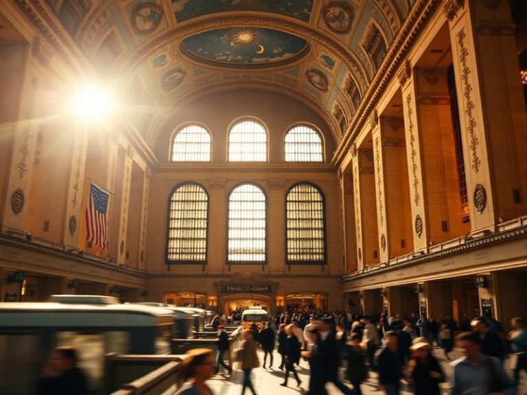 A wide-angle interior shot of Grand Central Terminal’s Main Concourse, showing the vaulted ceiling with the starry night sky,