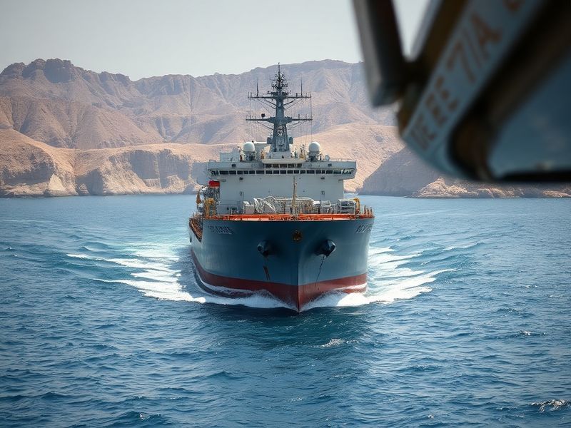Aerial view of the Strait of Hormuz at dusk, showing oil tankers and naval ships against a backdrop of arid coastline and mou