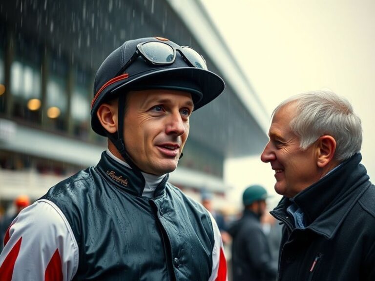 A professional portrait of Paul Townend in a modern newsroom setting, surrounded by dual screens displaying sports data visua