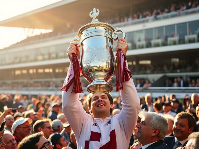 A vibrant scene of the Grand National at Aintree Racecourse, showing the iconic fences, jockeys in colorful silks racing towa