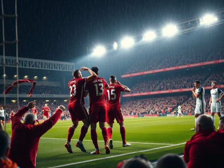 A vibrant matchday scene at Anfield with Liverpool players celebrating a goal, Fulham players in defensive formation, and a d