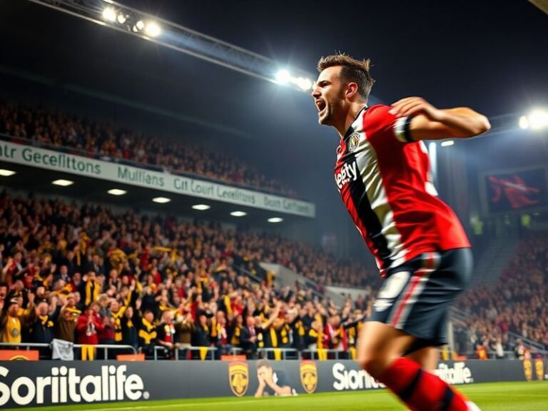 A vibrant stadium atmosphere with St. Pauli's skull-and-crossbones flag flying alongside Bayern Munich's red and white colors