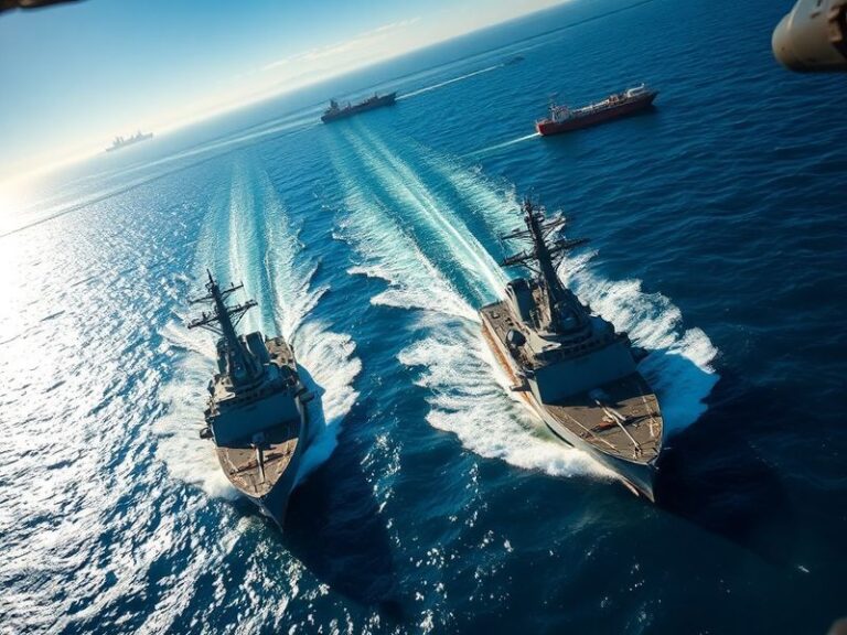 A U.S. Navy warship patrolling the Strait of Hormuz, with Iranian patrol boats nearby. The scene captures the tense standoff